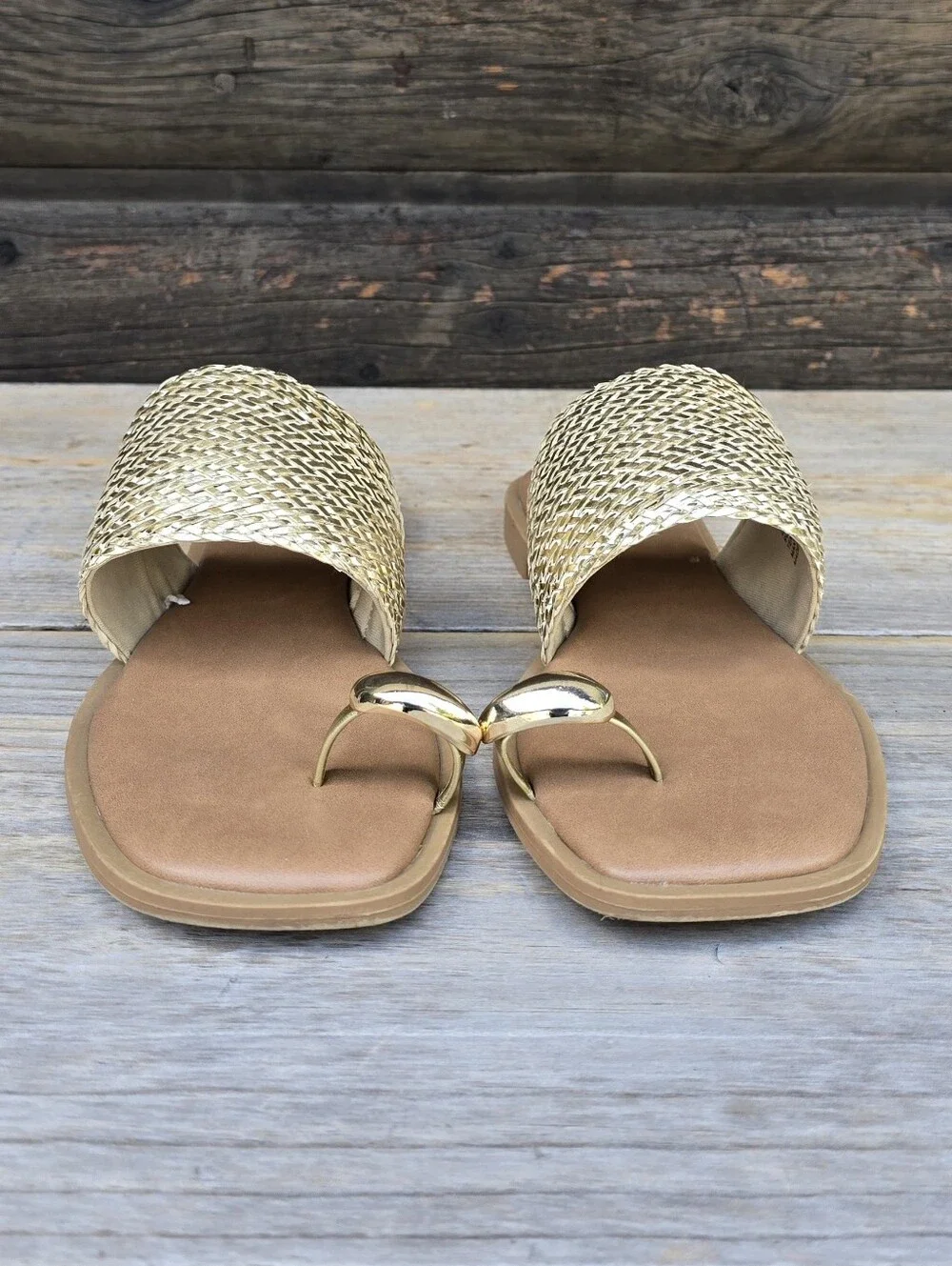 Steve Madden Dacey Y2K Coastal Boho Metallic Woven Toe Ring Slide Sandals 7M